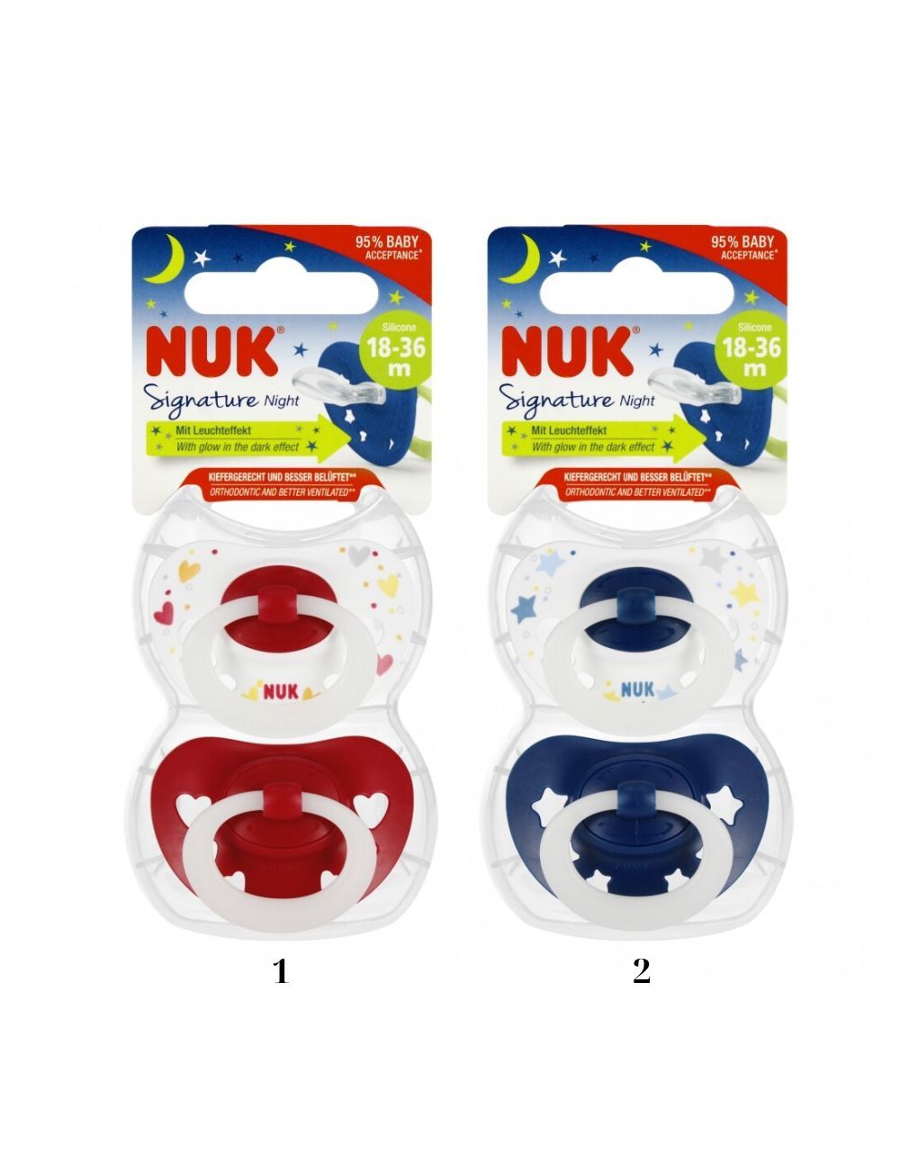 Nuk signature night πιπίλες σιλικόνης με θήκη 2τμχ 18-36m 10177166 (2 σχέδια)