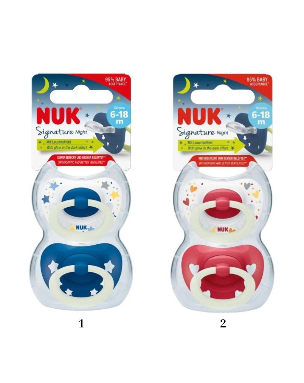 Nuk signature night πιπίλες σιλικόνης με θήκη 2τμχ 6-18m 10176276 (2 σχέδια)