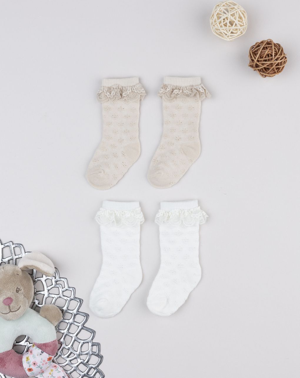 βρεφικά καλτσάκια πακέτο x2 μπεζ/λευκό για κορίτσι - Prénatal
