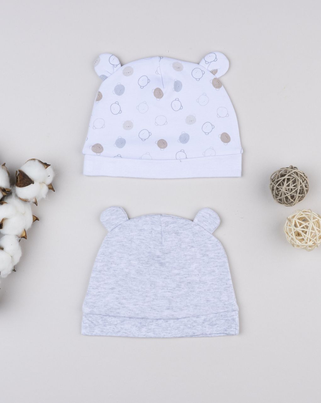 βρεφικά σκουφάκια γκρι/λευκό με αρκουδάκια για αγόρι