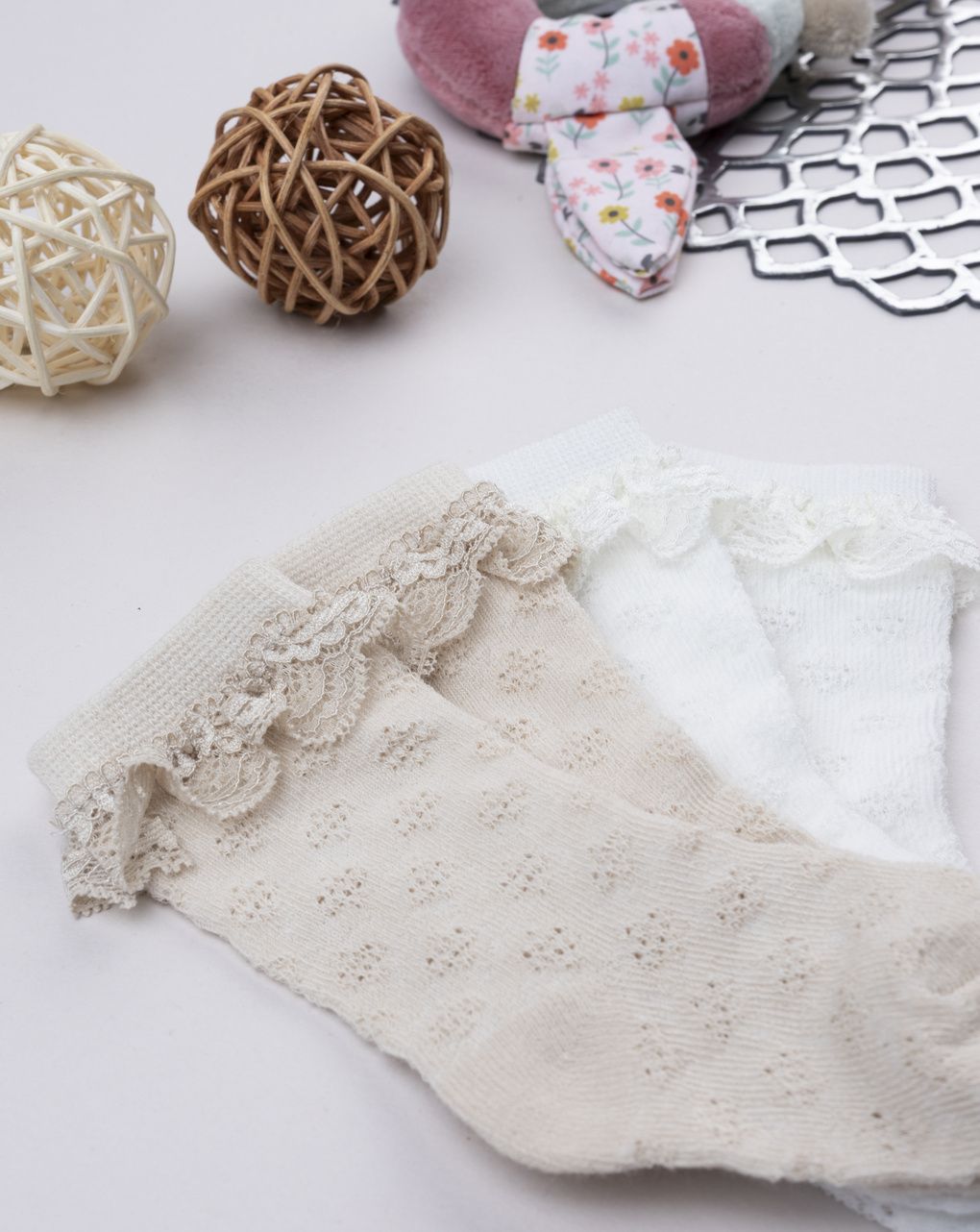 βρεφικά καλτσάκια πακέτο x2 μπεζ/λευκό για κορίτσι - Prénatal