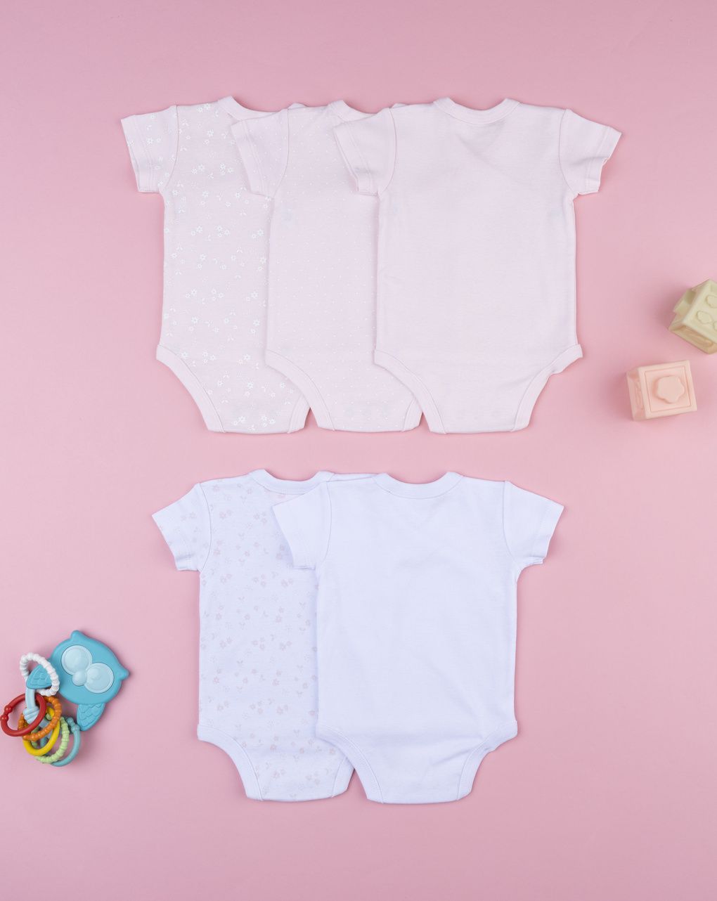 βρεφικά κορμάκια ροζ/λευκά με λαγουδάκια πακέτο x5 για κορίτσι - Prénatal