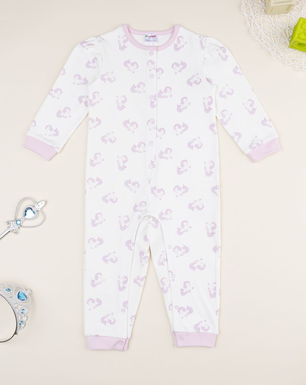 βρεφική ολόσωμη πιτζάμα λευκή με μονόκερους για κορίτσι - Prénatal