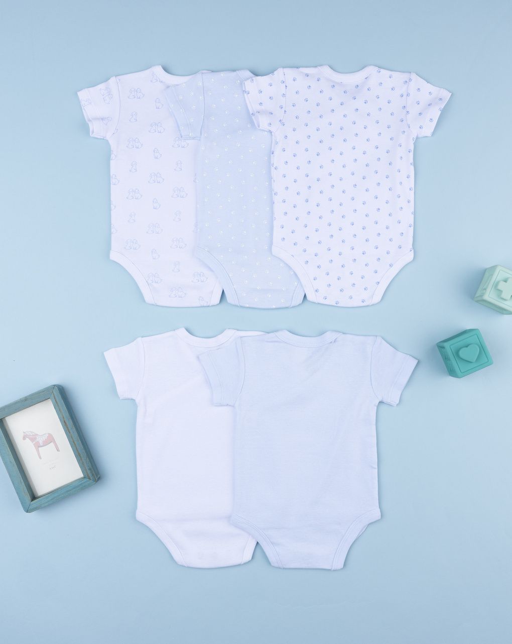 βρεφικά κορμάκια μπλε/λευκά με σκυλάκια πακέτο x5 για αγόρι - Prénatal