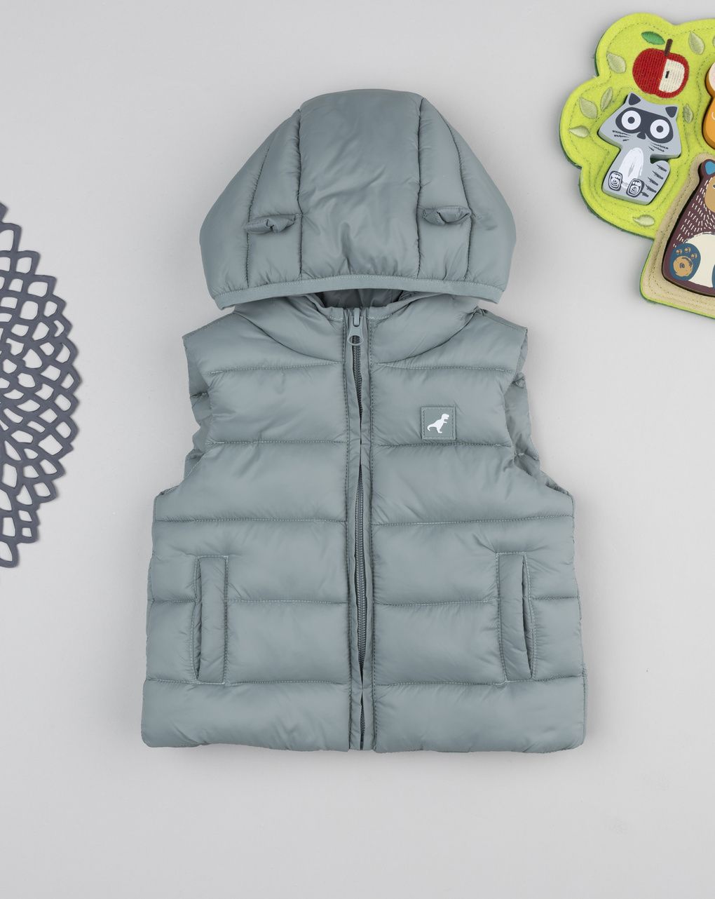 βρεφικό αμάνικο μπουφάν puffer λαδί dino για αγόρι