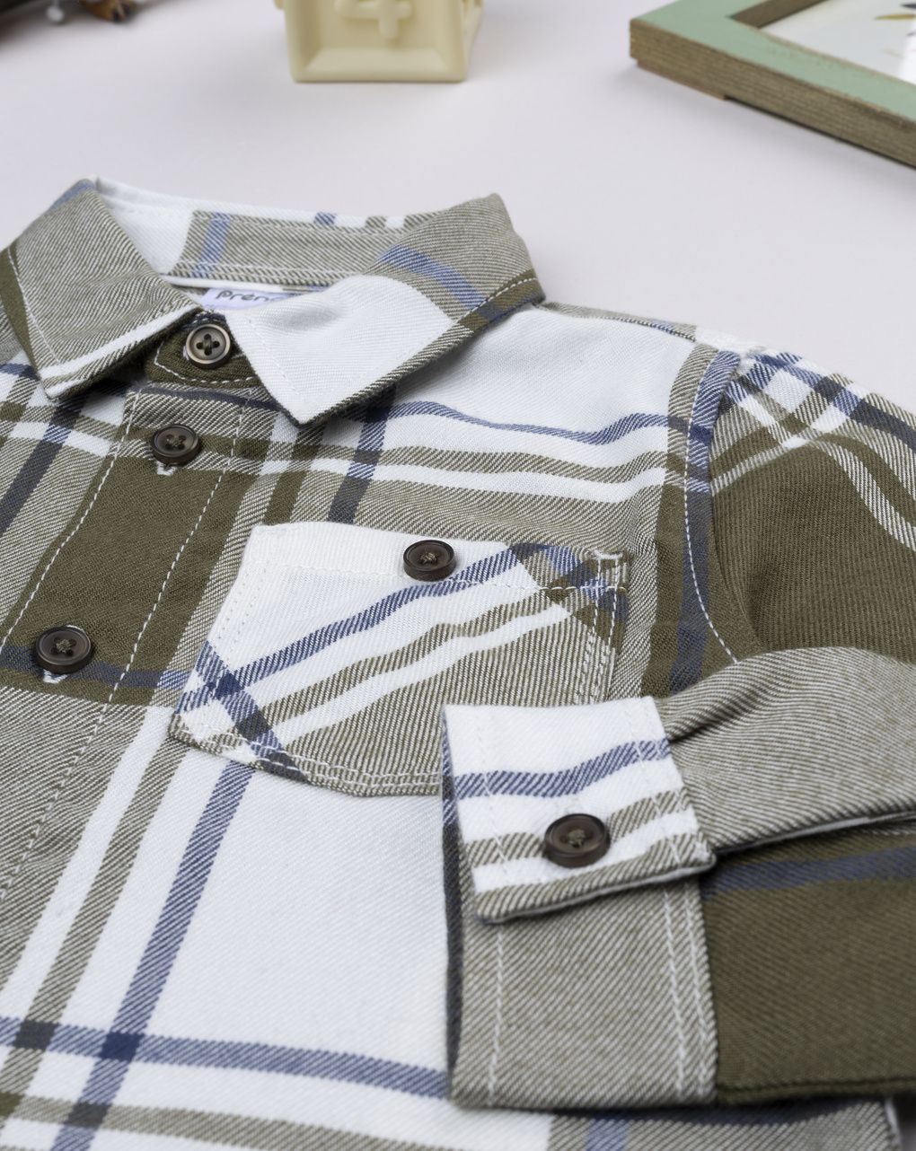 βρεφικό πουκάμισο καρό χακί/μπλε για αγόρι - Prénatal