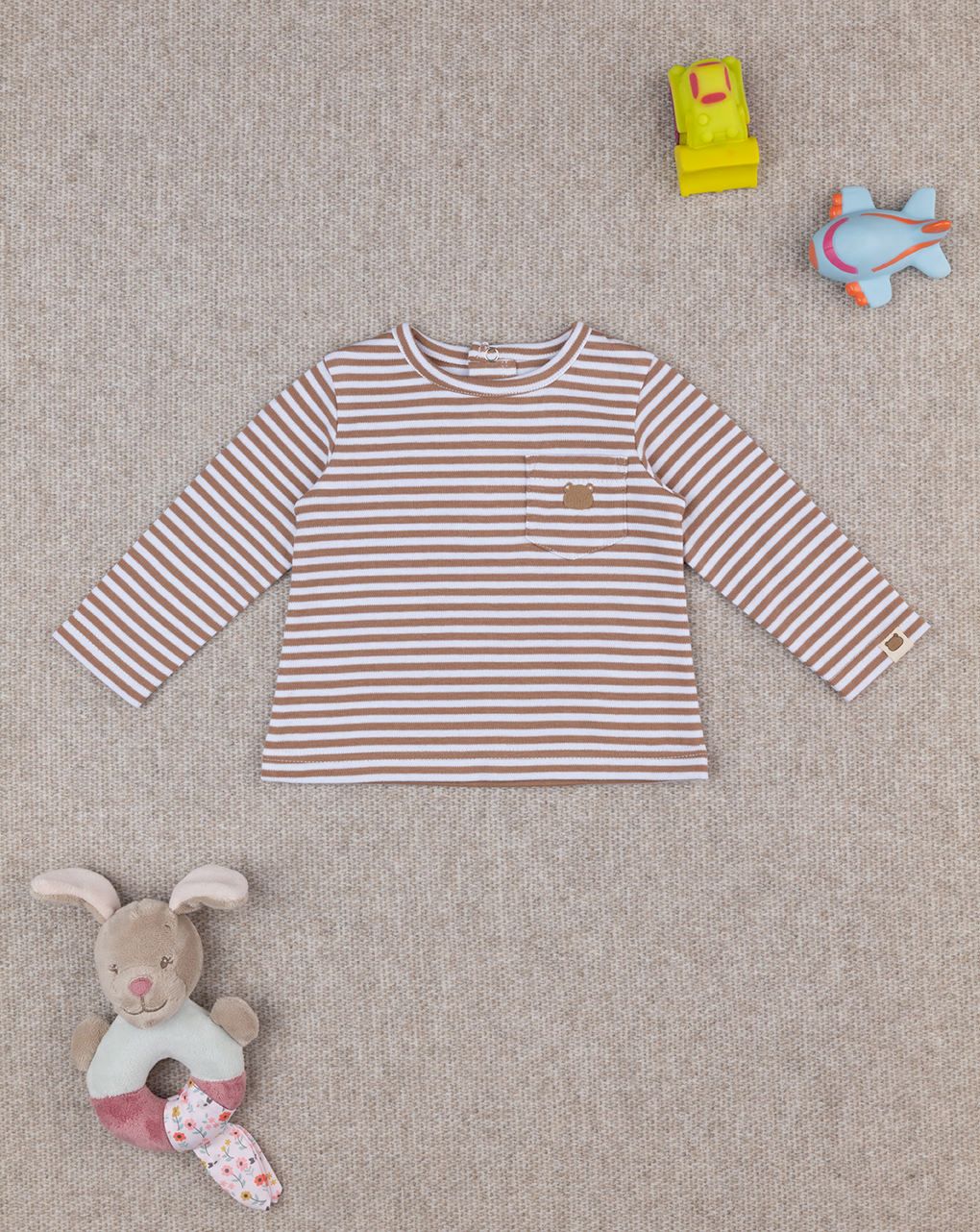 βρεφική μπλούζα ριγέ καφέ με αρκουδάκι για αγόρι