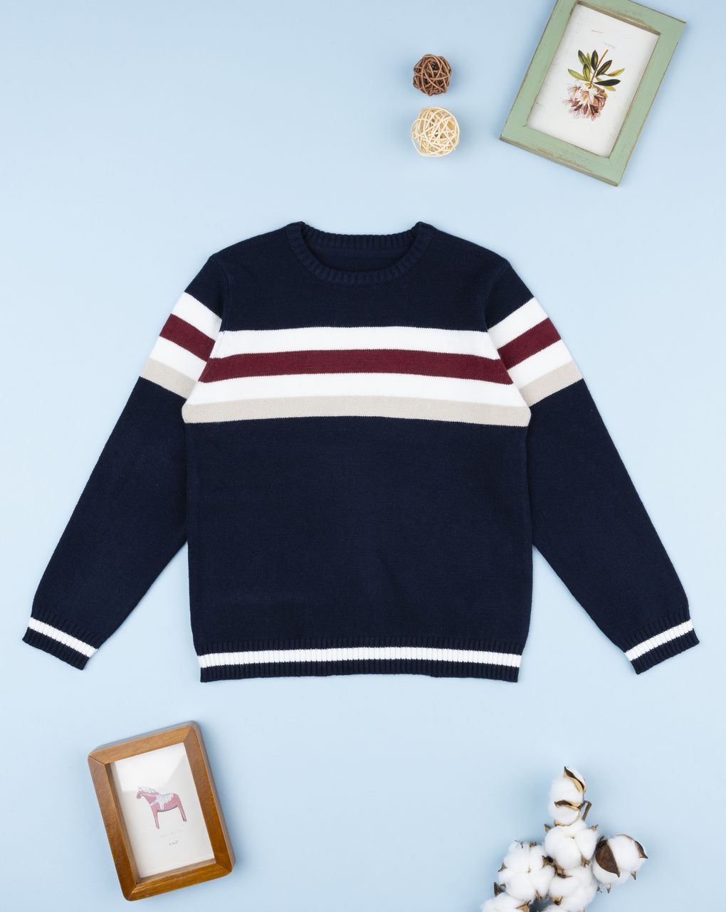 παιδικό πουλόβερ μπλε ριγέ μπορντώ/μπεζ για αγόρι