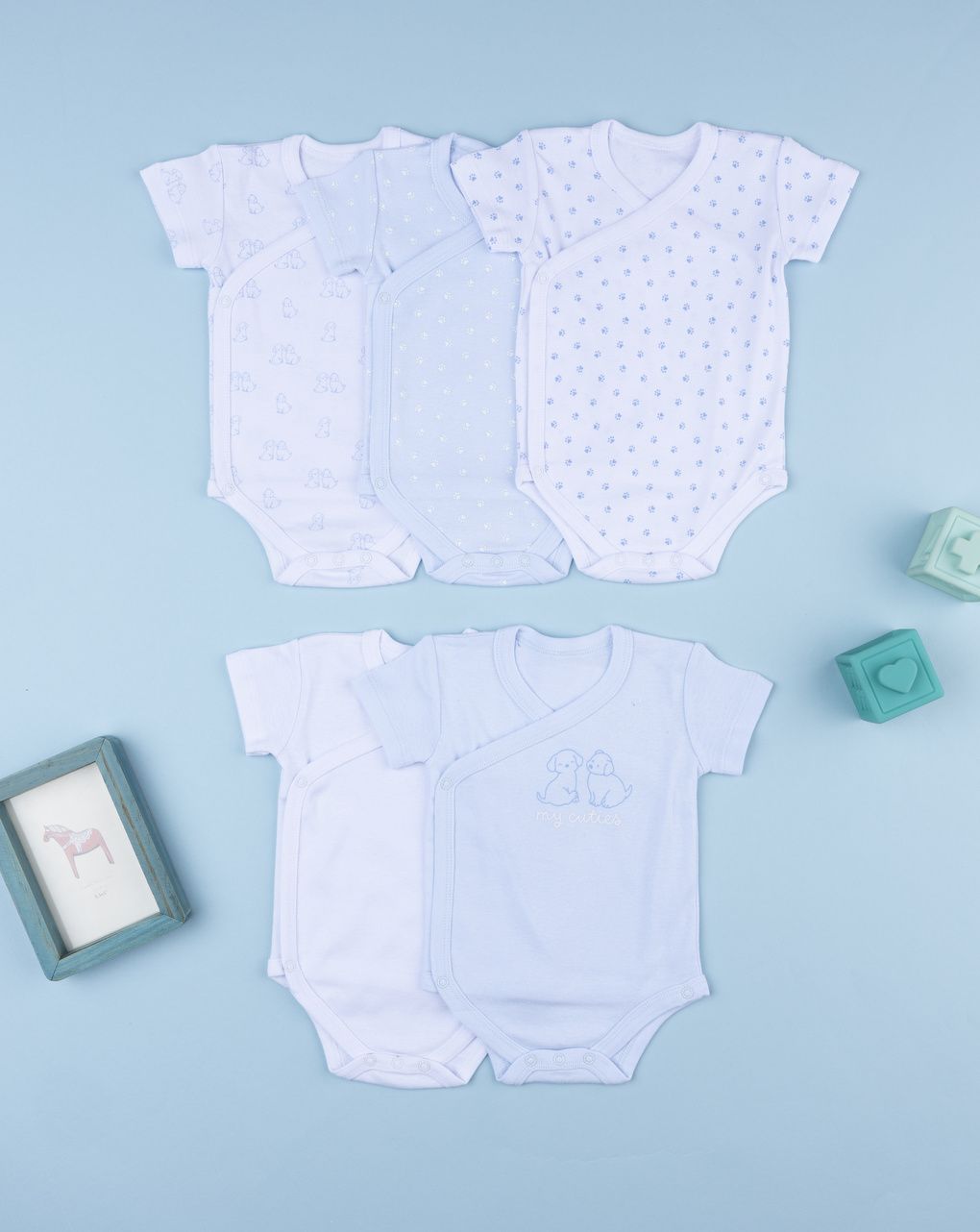βρεφικά κορμάκια μπλε/λευκά με σκυλάκια πακέτο x5 για αγόρι