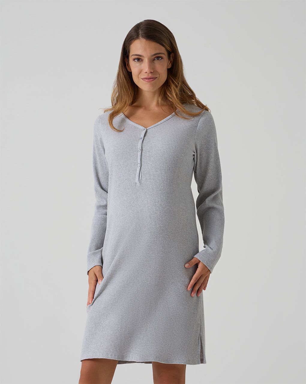 γυναικείο νυχτικό εγκυμοσύνης/θηλασμού γκρι ριμπ - Prénatal