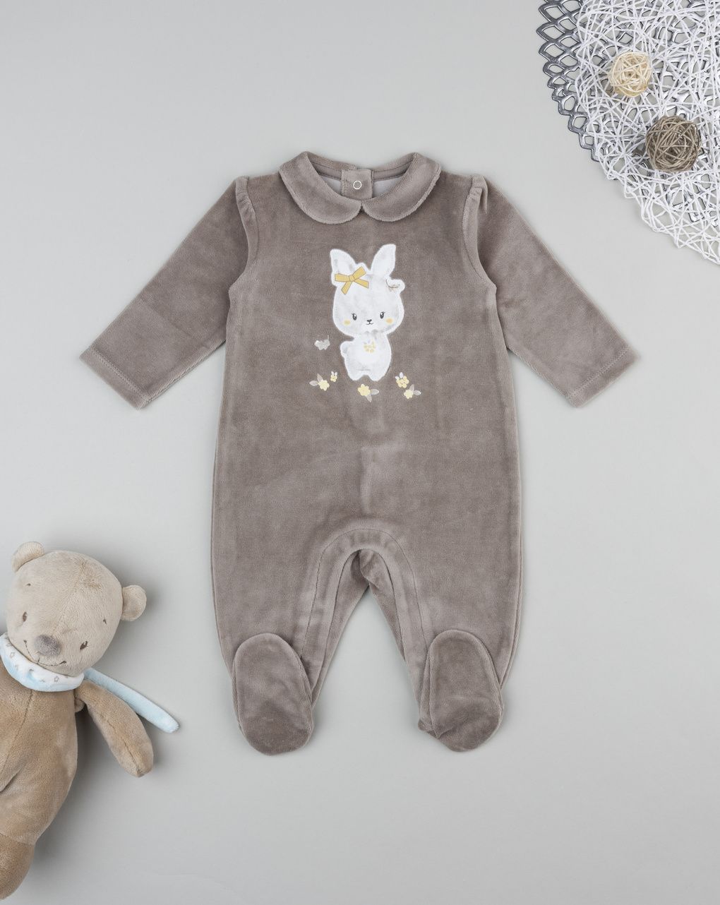 βρεφικό φορμάκι σενίλ καφέ με λαγουδάκι για κορίτσι - Prénatal