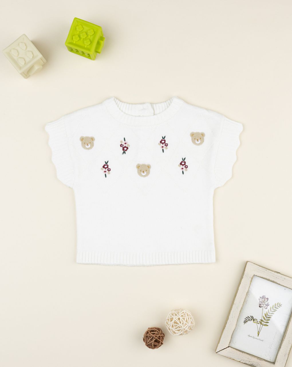 βρεφική πλεκτή μπλούζα λευκή με λουλούδια για κορίτσι - Prénatal