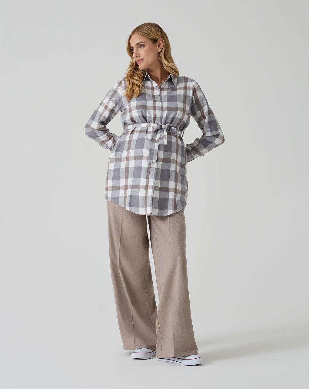 γυναικείο πουκάμισο εγκυμοσύνης/θηλασμού καρό γκρι/καφέ - Prénatal