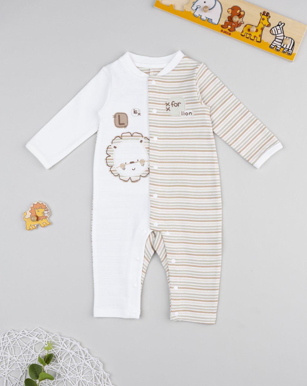 βρεφικό φορμάκι λευκό ριγέ lion για αγόρι