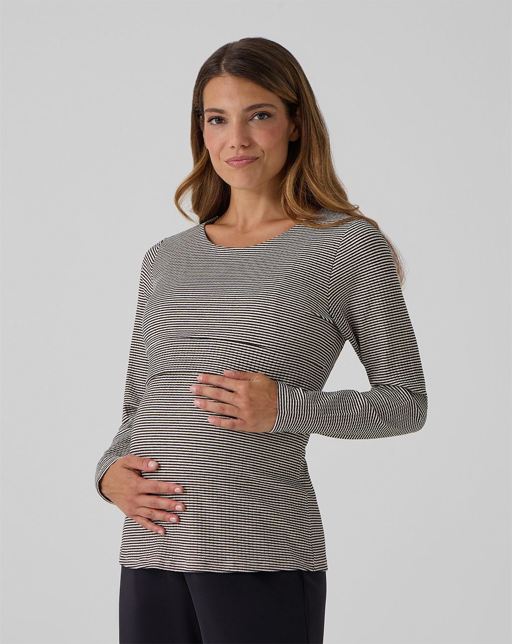 γυναικεία μπλούζα εγκυμοσύνης/θηλασμού ριγέ μπεζ/μαύρη - Prénatal