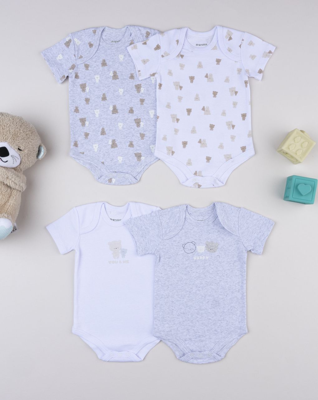 βρεφικά κορμάκια γκρι/λευκά με αρκουδάκια πακέτο x5 για αγόρι