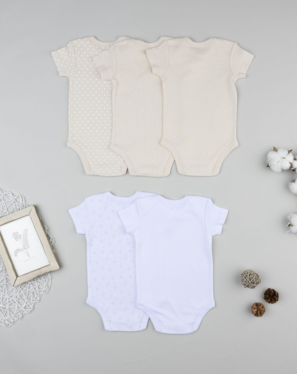 βρεφικά κορμάκια μπεζ/λευκά με πουλάκια πακέτο x5 για κορίτσι - Prénatal