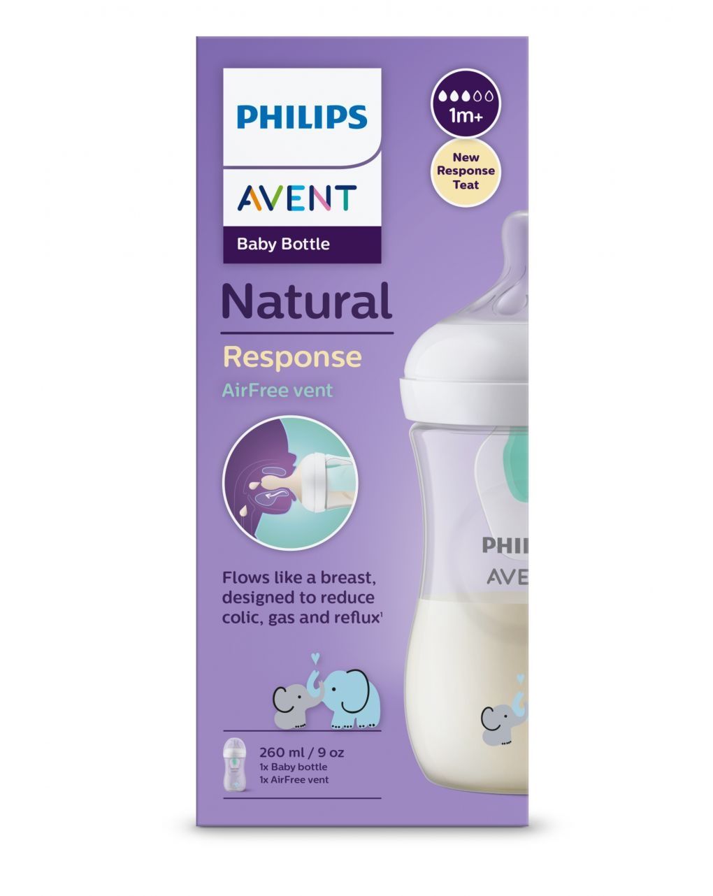 Philips avent πλαστικό μπιμπερό natural response με airfree valve 260ml 1m+ elephant scy673/81 - Philips Avent