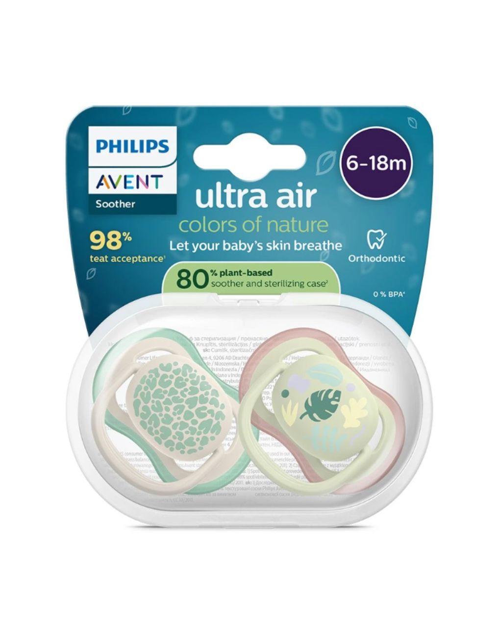 Philips avent ultra air πιπίλες σιλικόνης 2τμχ 6-18m pastel green/blue leaves scf087/17 - Philips Avent