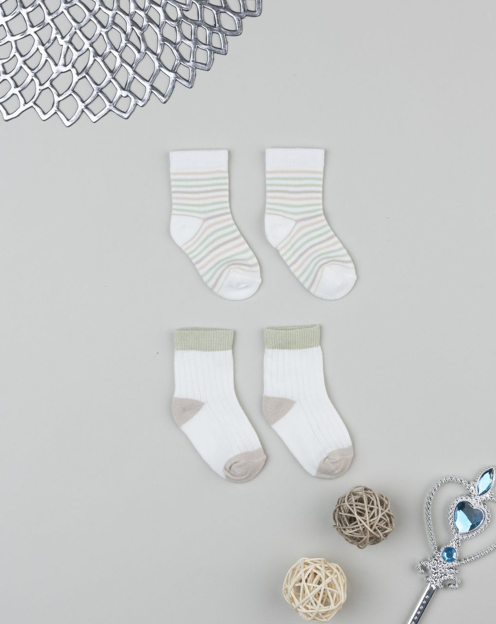 βρεφικά καλτσάκια πακέτο x2 φιστικί/λευκό/μπεζ για αγόρι - Prénatal