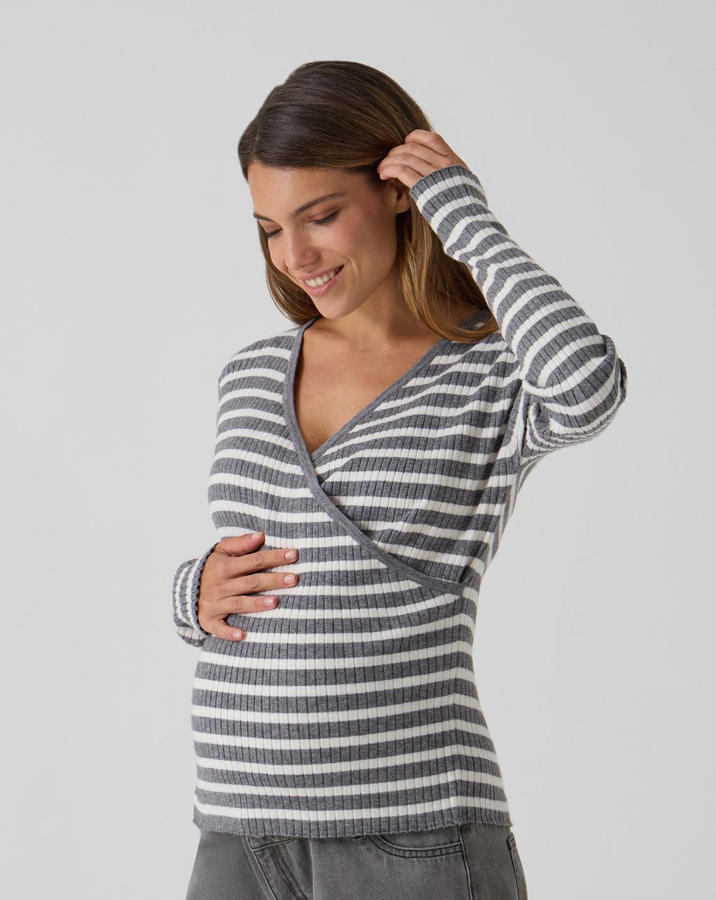 γυναικεία μπλούζα εγκυμοσύνης/θηλασμού ριγέ γκρι/λευκή