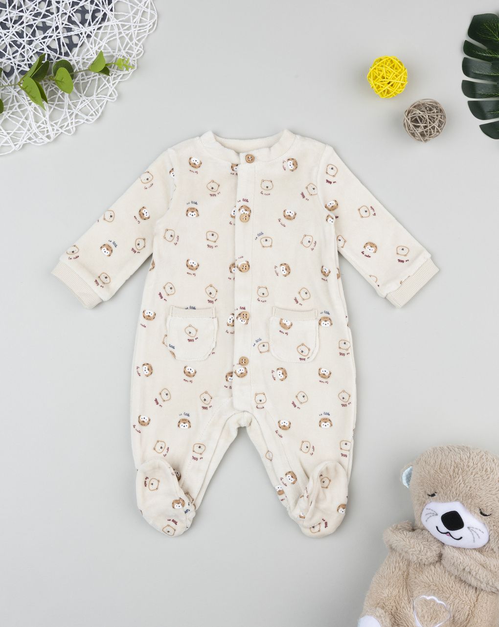 βρεφικό φορμάκι σενίλ μπεζ woodland για αγόρι - Prénatal