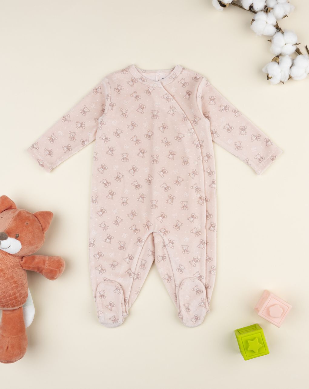 βρεφικό φορμάκι σενίλ ροζ με αρκουδάκια για κορίτσι - Prénatal