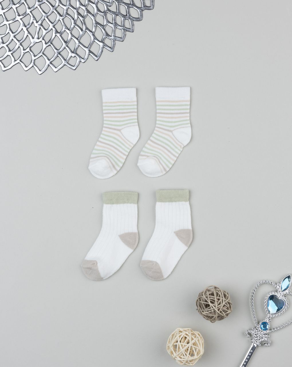 βρεφικά καλτσάκια πακέτο x2 φιστικί/λευκό/μπεζ για αγόρι - Prénatal