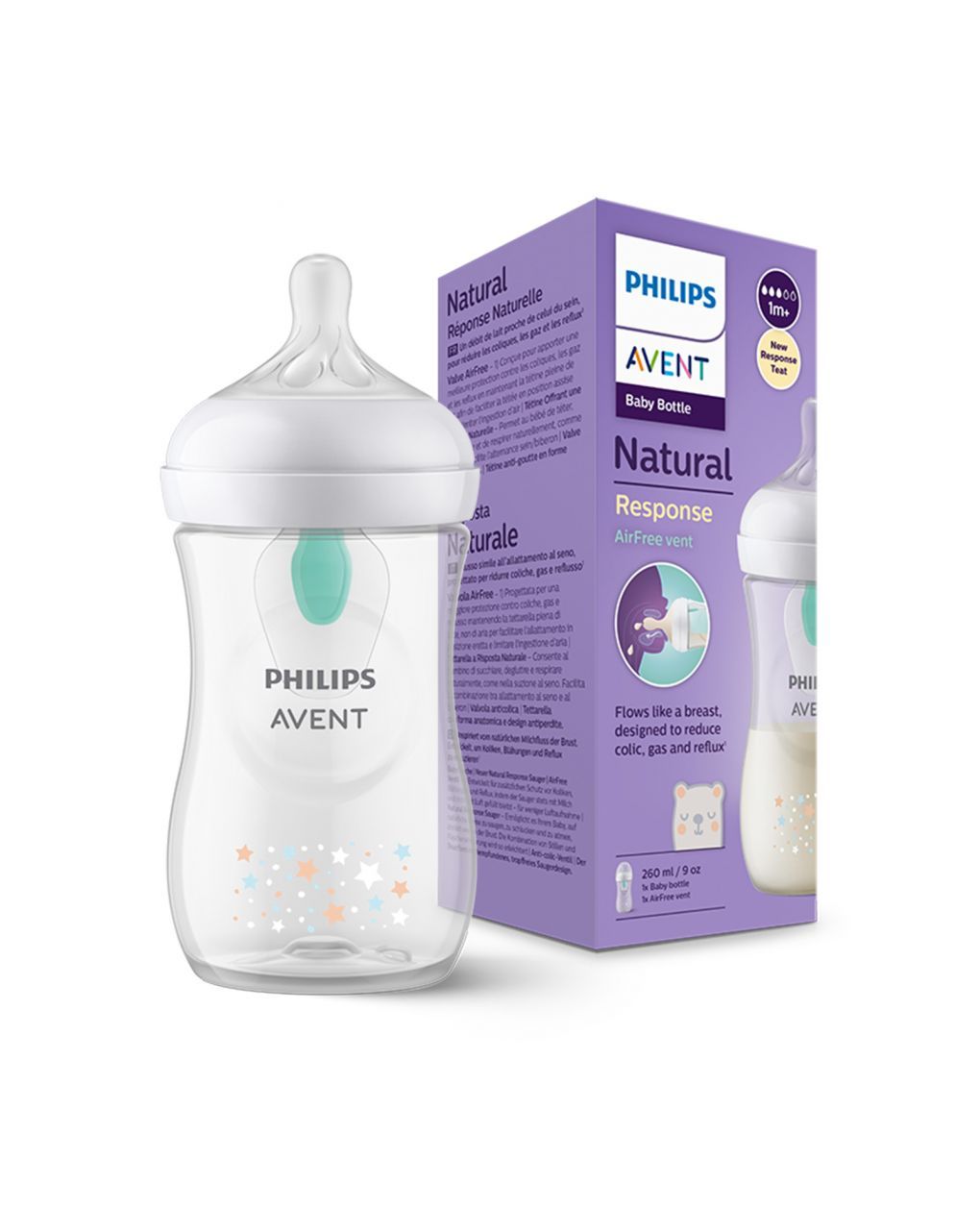 Philips avent πλαστικό μπιμπερό natural response με airfree valve 260ml 1m+ αστέρια και αρκουδάκι scy673/82 - Philips Avent
