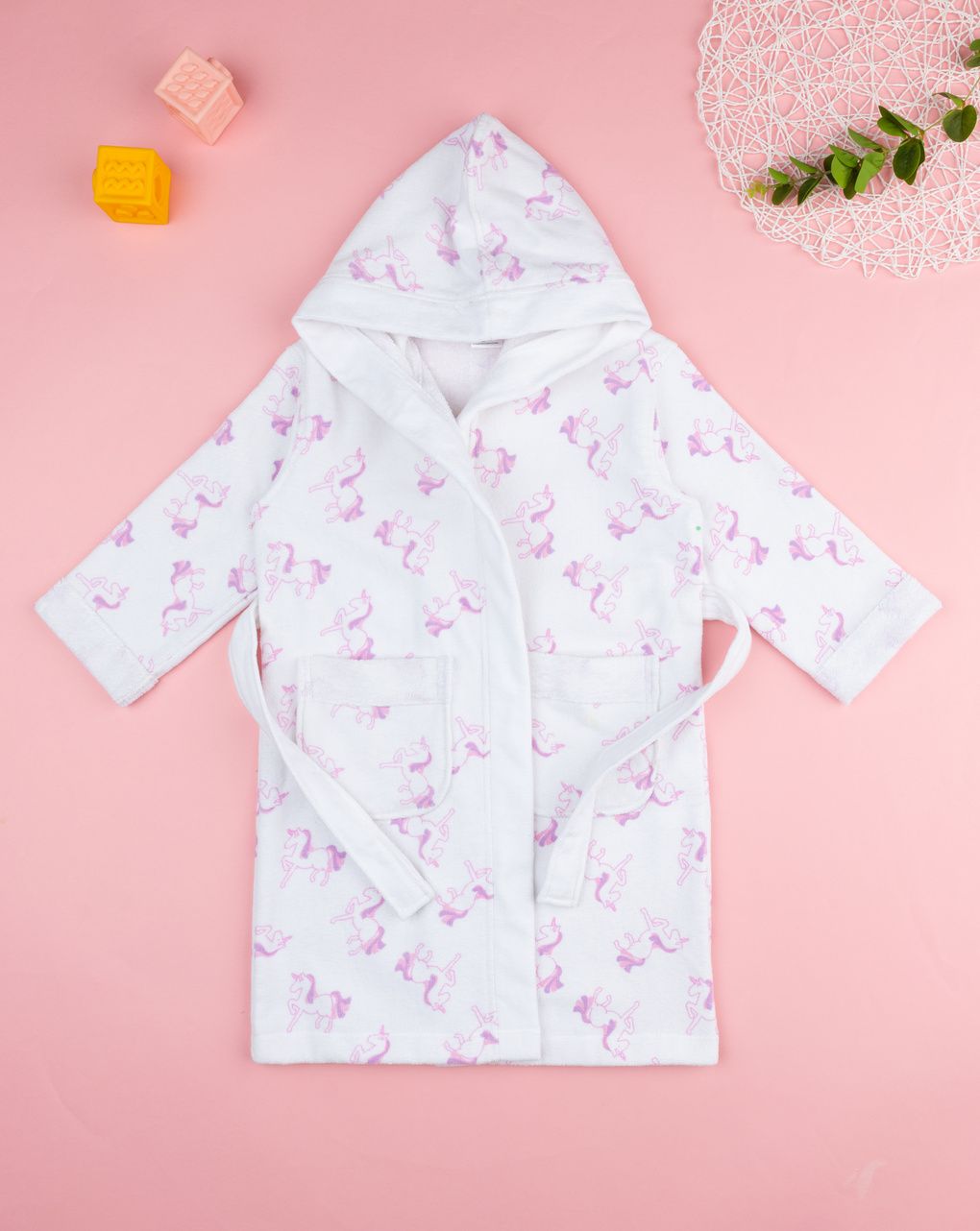 παιδικό μπουρνούζι σενίλ λευκό με μονόκερους για κορίτσι