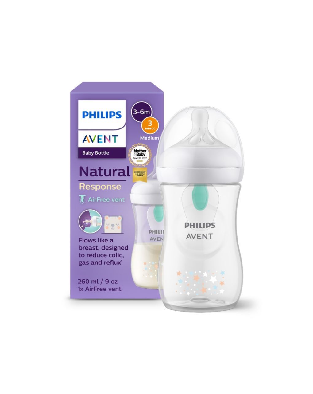Philips avent πλαστικό μπιμπερό natural response με airfree valve 260ml μέτριας ροής 3-6m+ αστέρια scy673/82 - Philips Avent