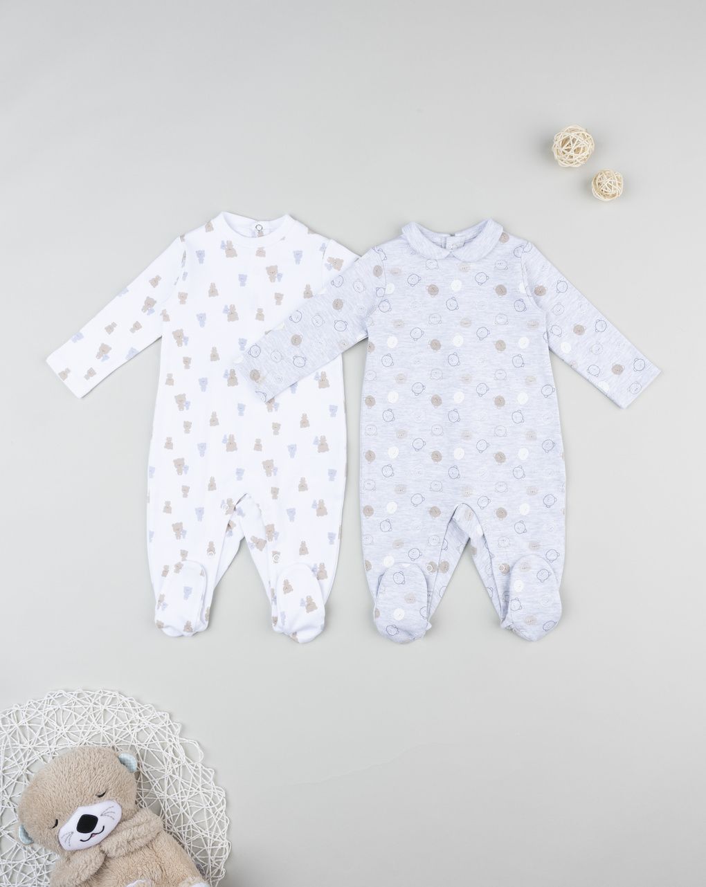 βρεφικά φορμάκια πακέτο x2 γκρι/λευκό με αρκουδάκια για αγόρι