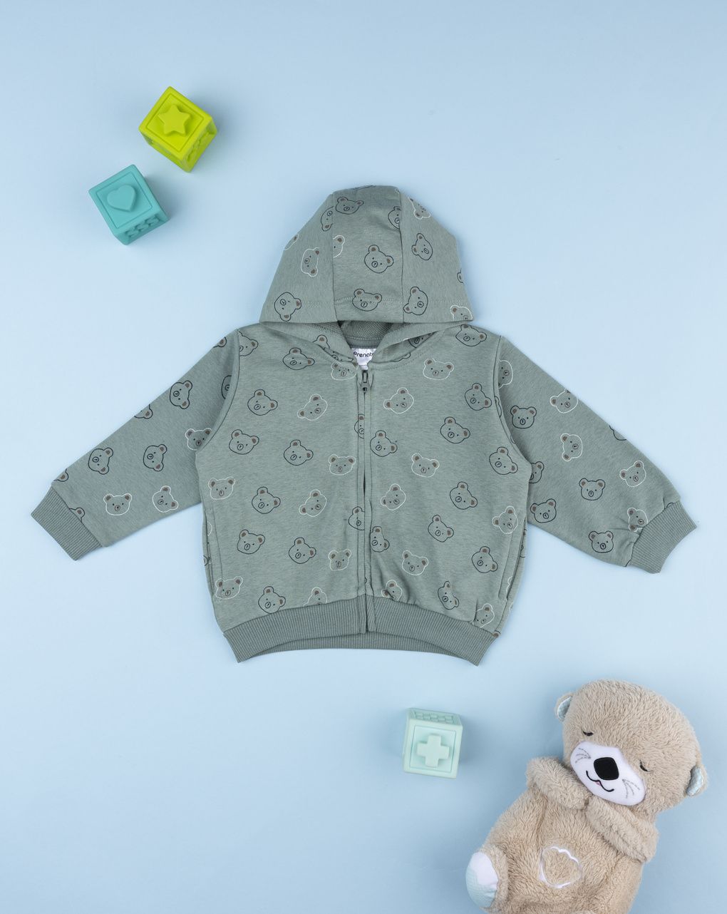 βρεφική ζακέτα φούτερ λαδί με αρκουδάκια για αγόρι