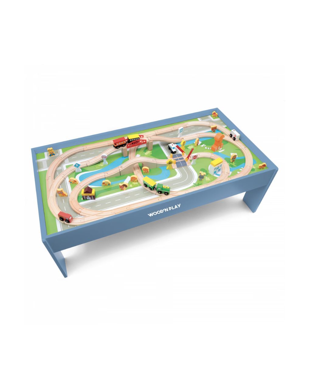 Wood’ n play ξύλινο τραπέζι 122cm με ράγες τρένου και 80 αξεσουάρ - 