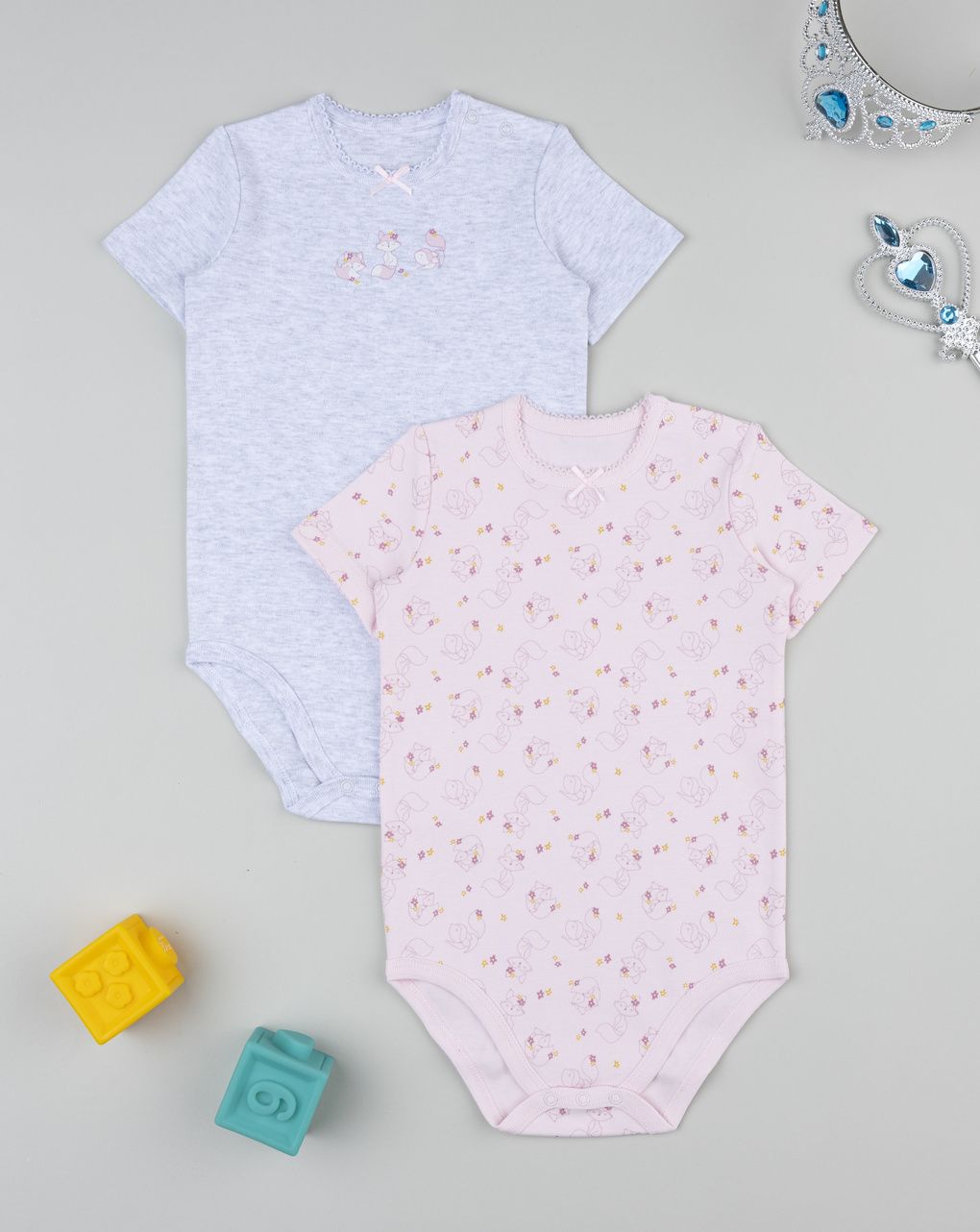 βρεφικά κορμάκια γκρι/ροζ με αλεπούδες για κορίτσι