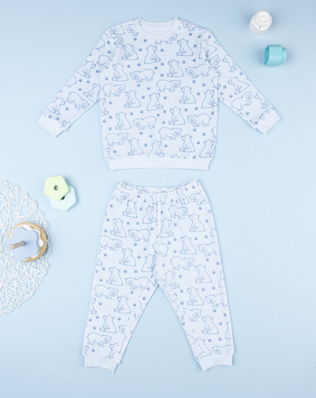 βρεφική πιτζάμα σενίλ γαλάζια με αρκουδάκια για αγόρι