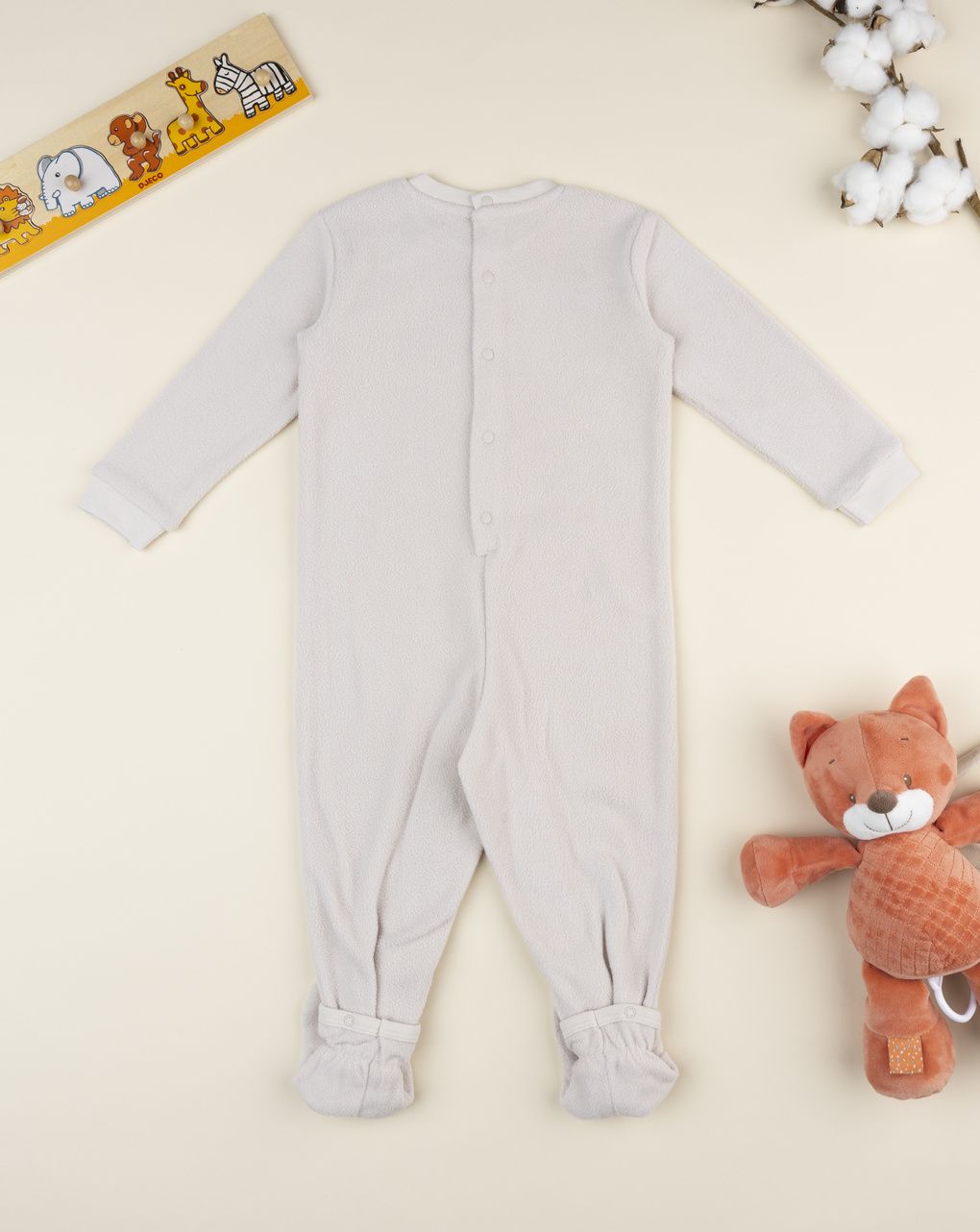 βρεφική πιτζάμα ολόσωμη fleece μπεζ με ζωάκια για αγόρι - Prénatal