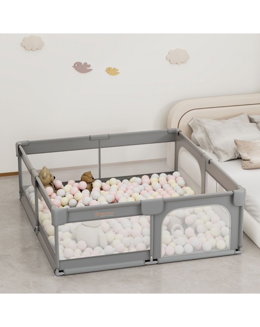 Bebe stars πάρκο για μωρά ορθογώνιο 180x200cm playzen grey 880-200 - Bebe Stars