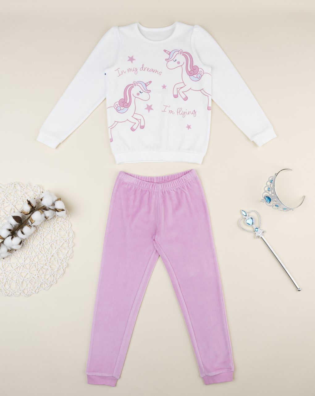 παιδική πιτζάμα σενίλ λευκή/ροζ με μονόκερους για κορίτσι