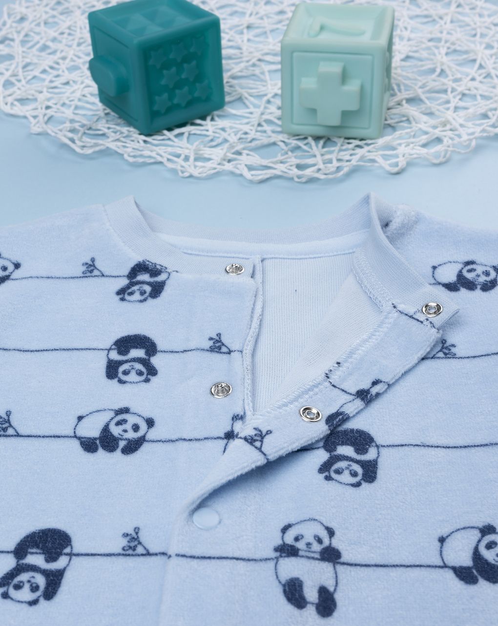 βρεφική πιτζάμα ολόσωμη σενίλ γαλάζια με πάντα για αγόρι - Prénatal