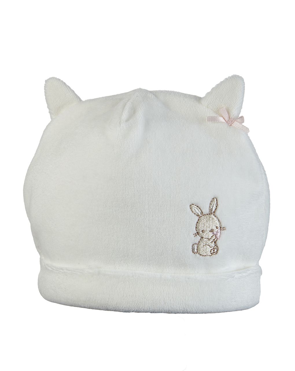 βρεφικό σκουφάκι σενίλ λευκό με λαγουδάκι για κορίτσι
