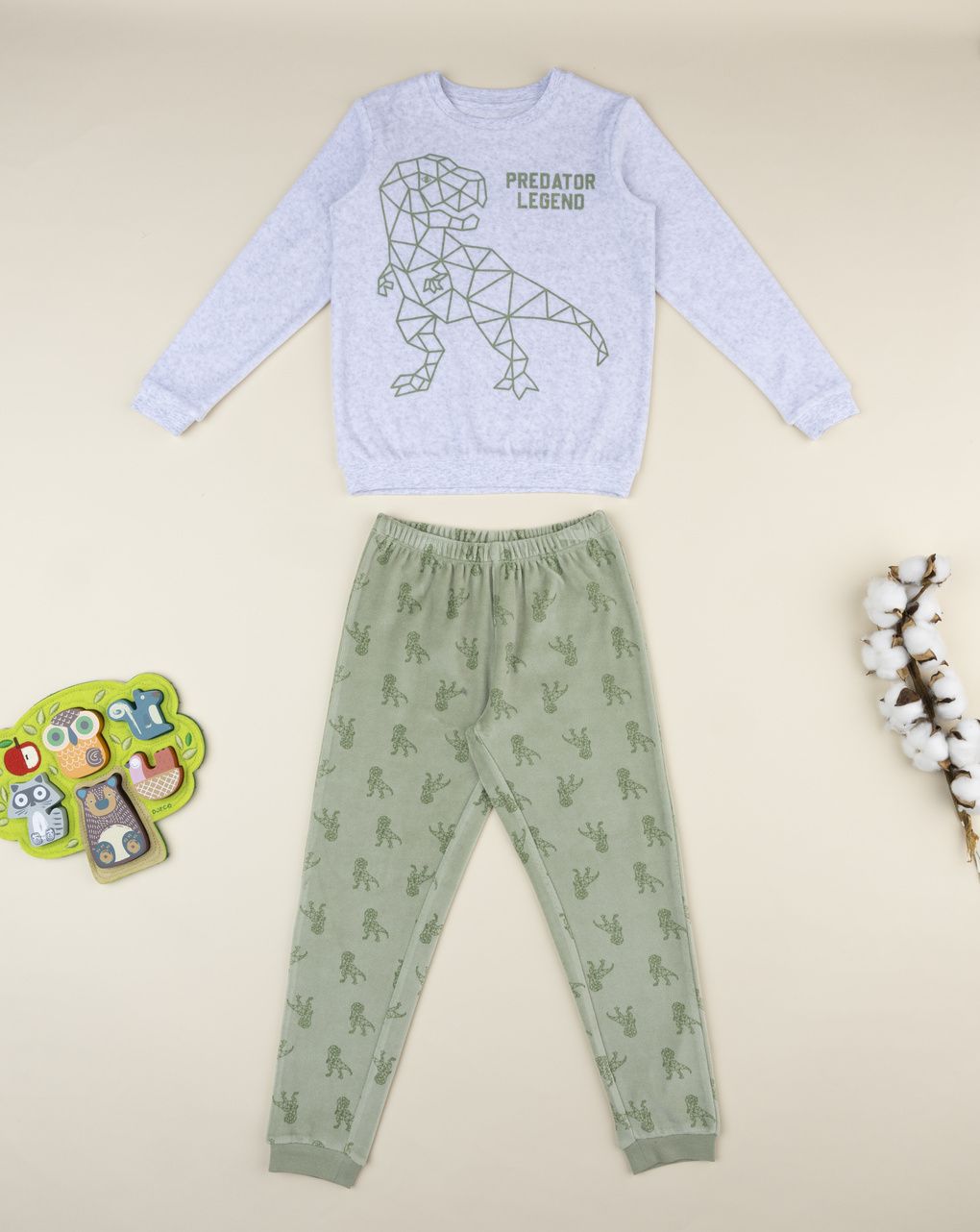 παιδική πιτζάμα σενίλ γκρι/λαδί dino για αγόρι