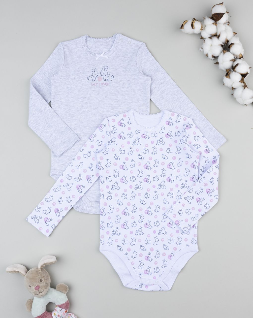 βρεφικά κορμάκια λευκό/γκρι με λαγουδάκια για κορίτσι