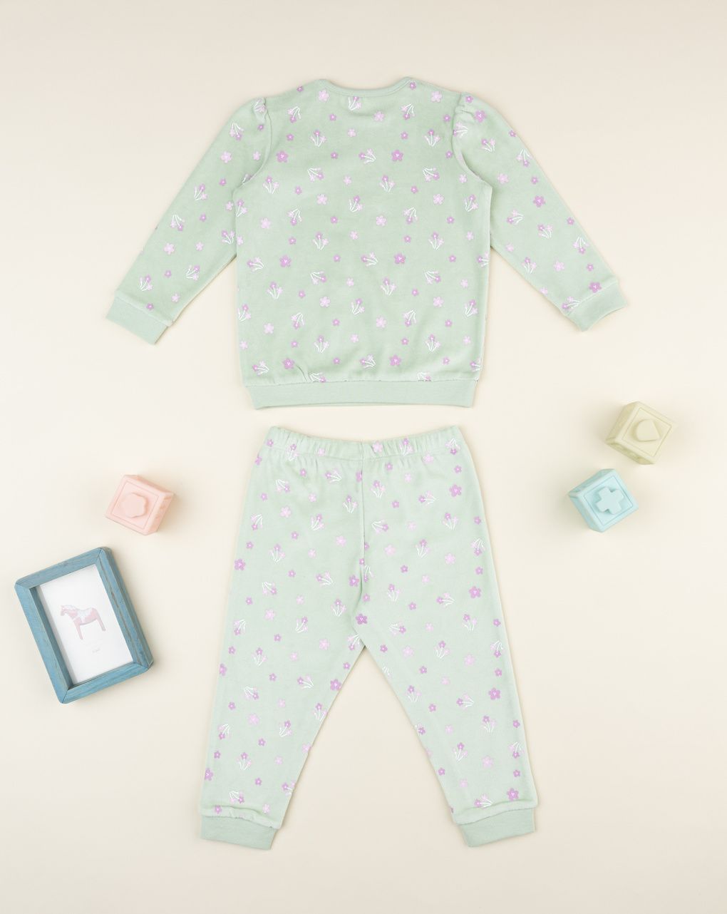 βρεφική πιτζάμα σενίλ πράσινη φλοράλ για κορίτσι - Prénatal