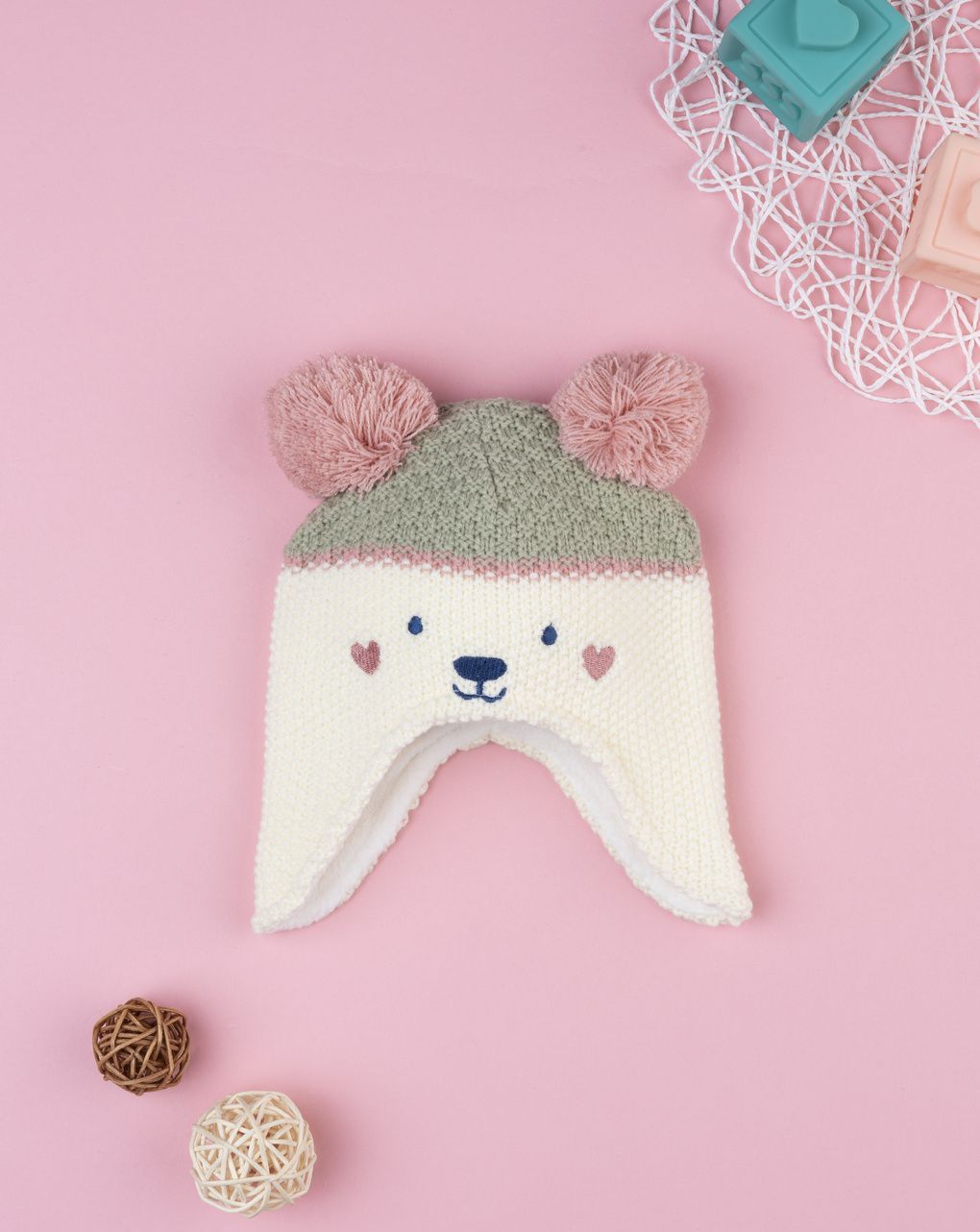 βρεφικό σκουφάκι περουβιανού τύπου με αρκουδάκι για κορίτσι