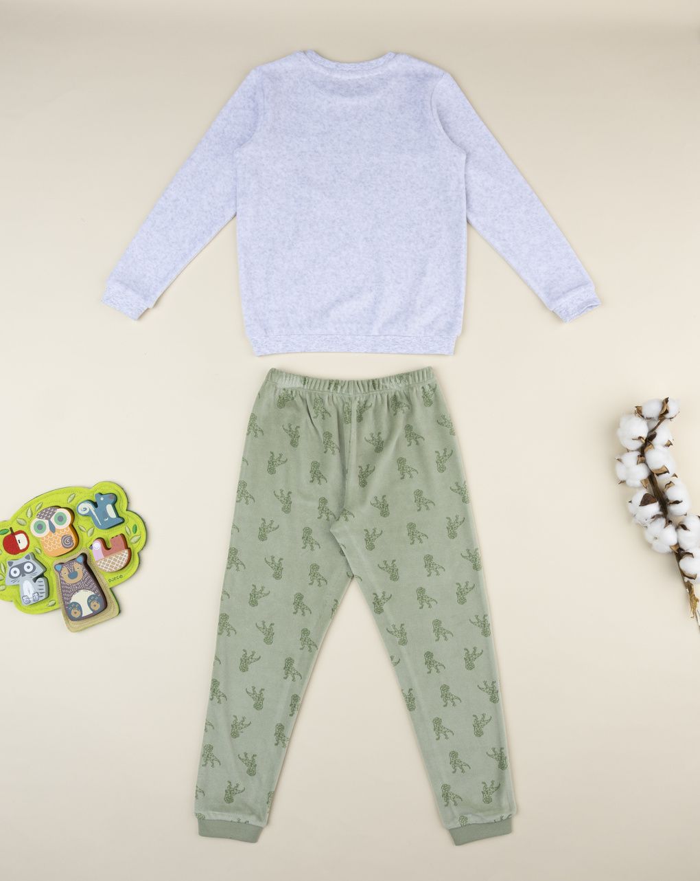 παιδική πιτζάμα σενίλ γκρι/λαδί dino για αγόρι - Prénatal