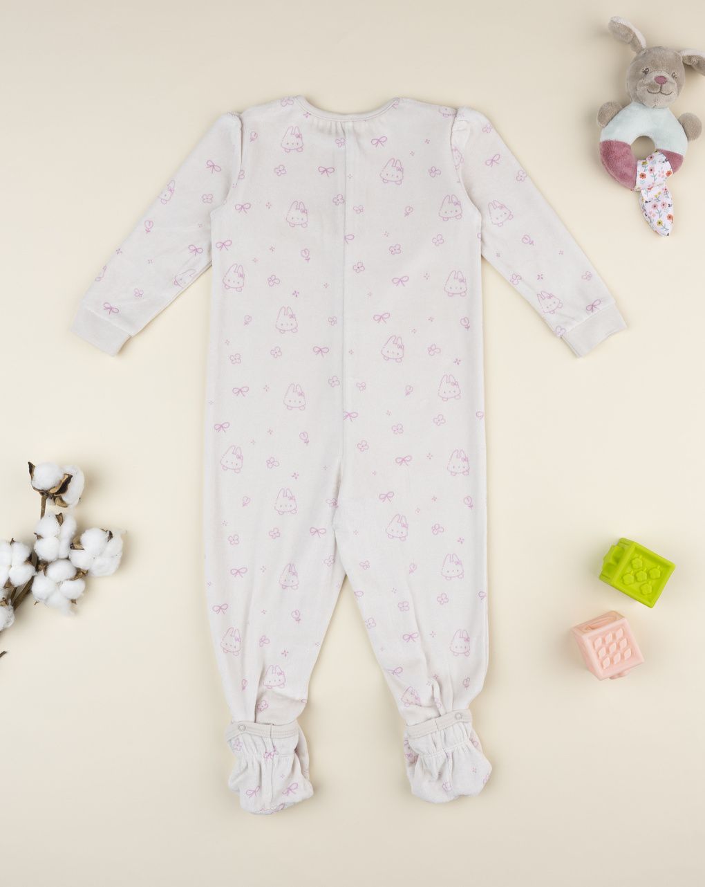 βρεφική πιτζάμα ολόσωμη σενίλ μπεζ με λαγουδάκια για κορίτσι - Prénatal