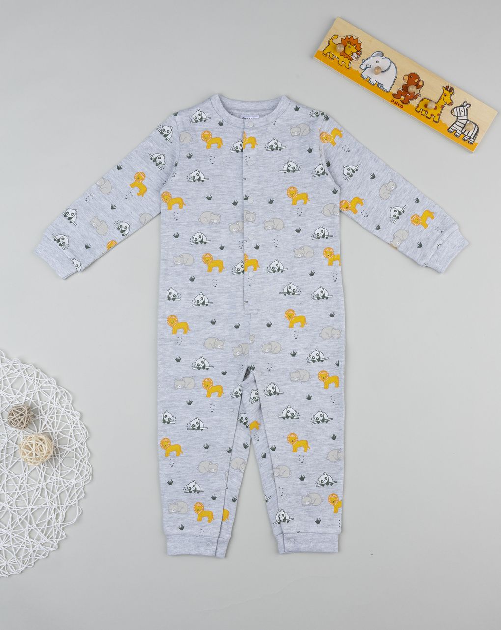 βρεφική πιτζάμα ολόσωμη γκρι με ζωάκια για αγόρι