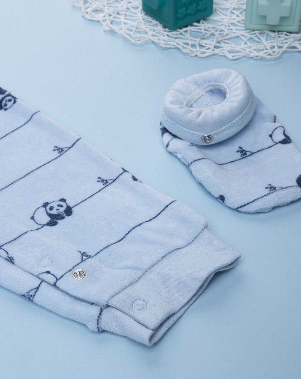 βρεφική πιτζάμα ολόσωμη σενίλ γαλάζια με πάντα για αγόρι - Prénatal