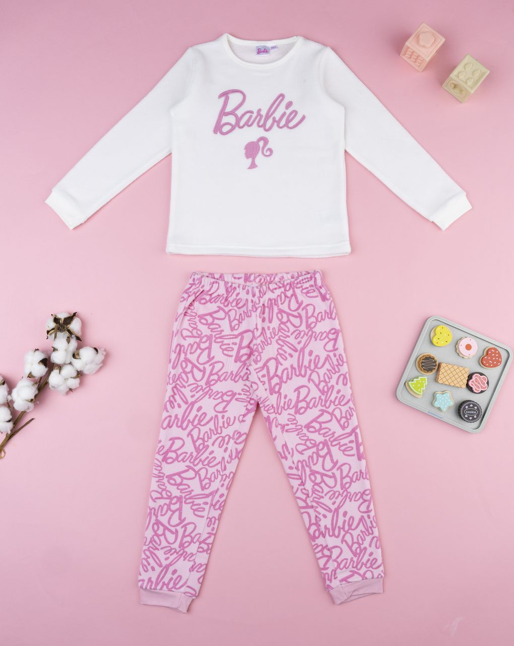 παιδική πιτζάμα fleece λευκή/ροζ barbie για κορίτσι - Prénatal